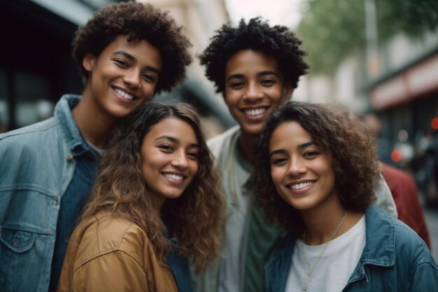 Foto grupo multiétnico de amigos felices en la calle