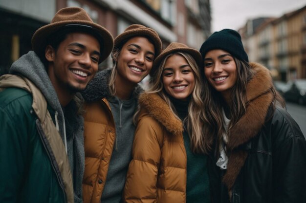 Foto grupo multiétnico de amigos felices en la calle