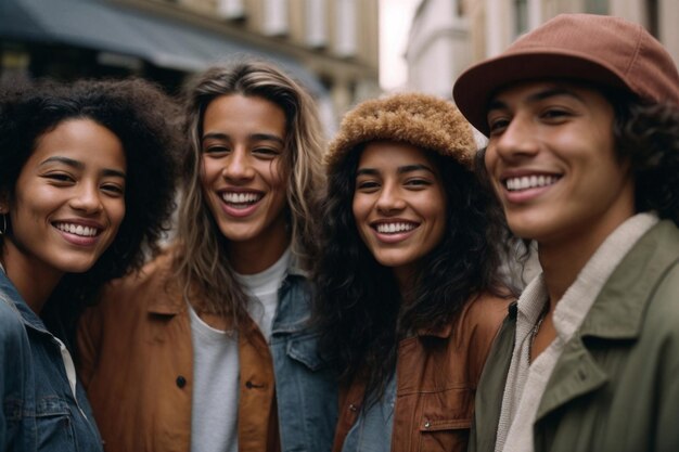 Foto grupo multiétnico de amigos felices en la calle