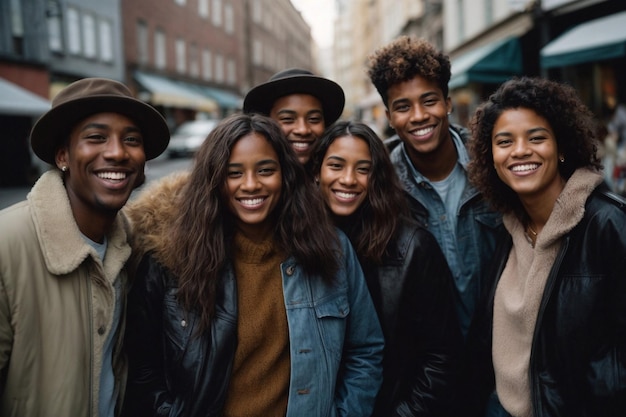 Foto grupo multiétnico de amigos felices en la calle