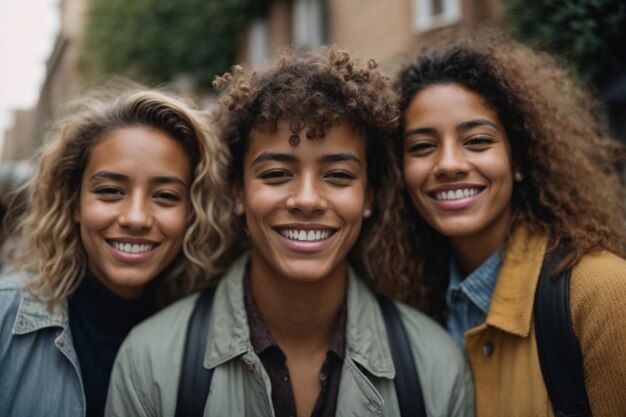 Grupo multiétnico de amigos felices en la calle