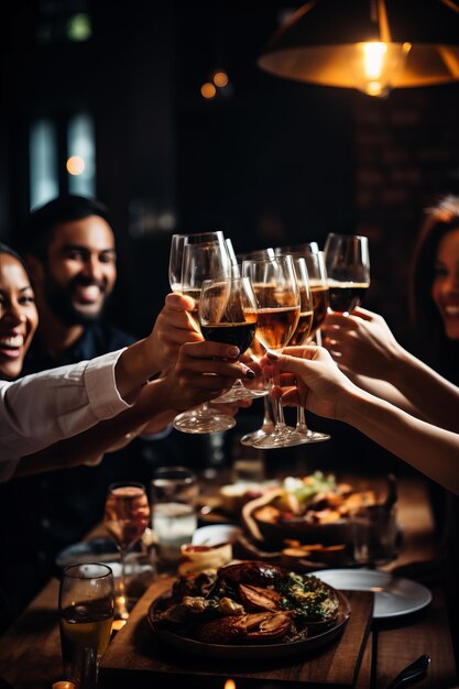 Grupo multiétnico de amigos brindando com copos de vinho em um jantar