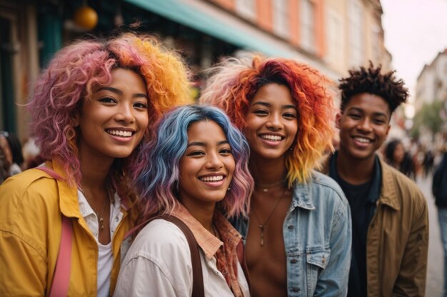 Foto grupo multiétnico de amigos felizes na rua