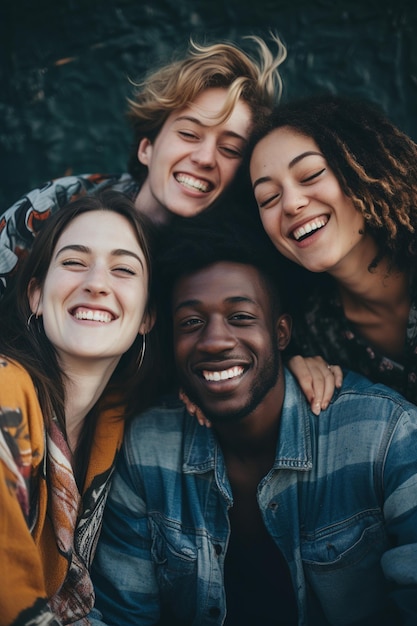 Grupo multiétnico de amigos masculinos e femininos rindo juntos