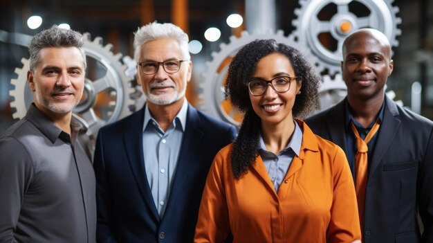 Foto grupo multiétnico de engenheiros posando em uma fábrica