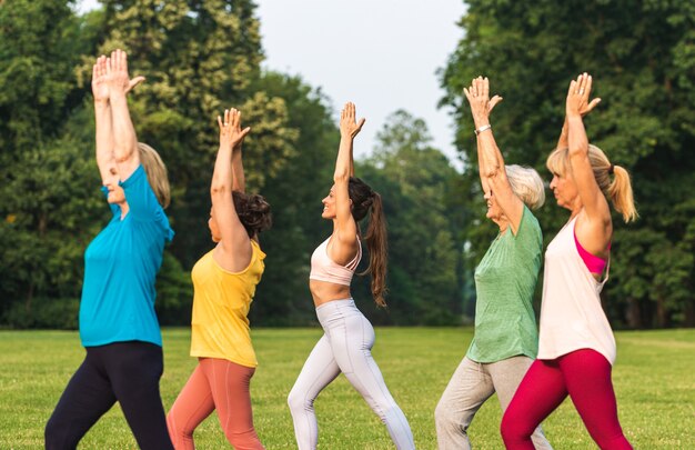 Grupo multiétnico de mulheres idosas treinando no parque com instrutor de fitness - idosos ativos praticando esportes na natureza