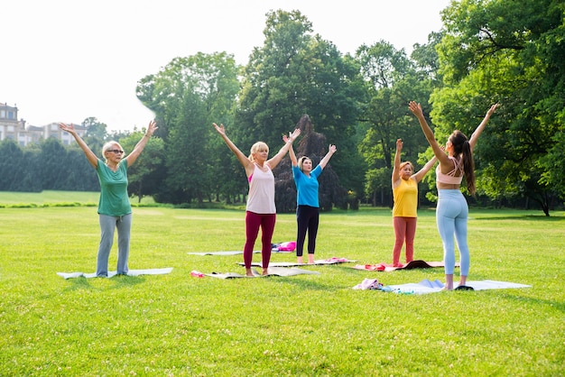 Grupo multiétnico de mulheres idosas treinando no parque com instrutor de fitness - Idosos ativos praticando esportes na natureza
