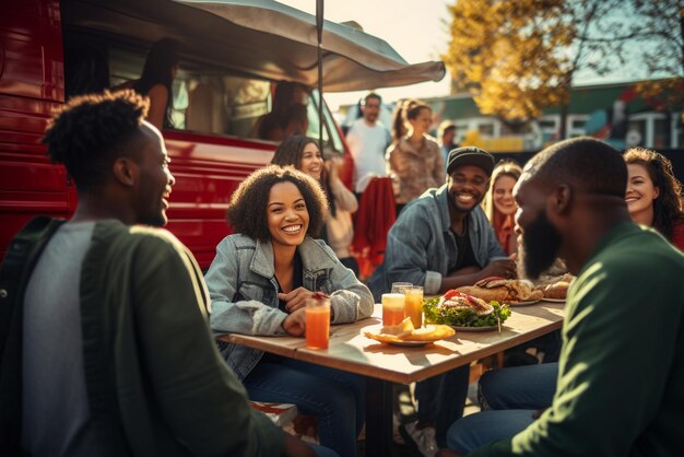 Foto grupo multiétnico de pessoas socializando enquanto comem ao ar livre