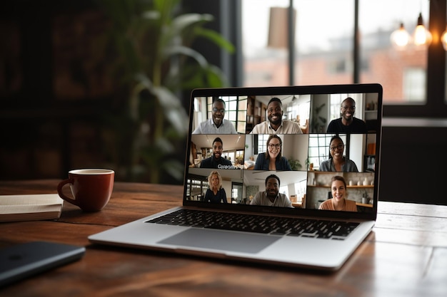 Grupo multiétnico de pessoas usando laptop para reunião de conferência on-line