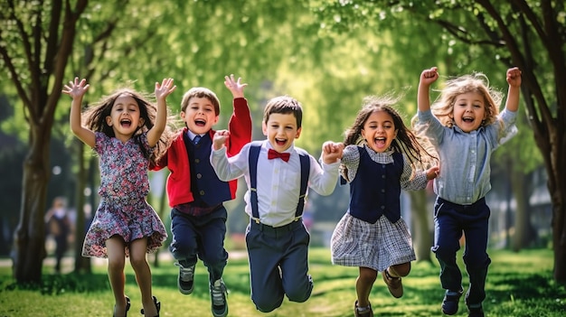 Grupo multiétnico de escolares riendo y jugando en el fondo del parque para el día del niño Generativo ai