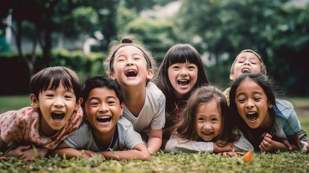 Grupo multiétnico de escolares riendo y jugando en el fondo del parque para el día del niño Generativo ai