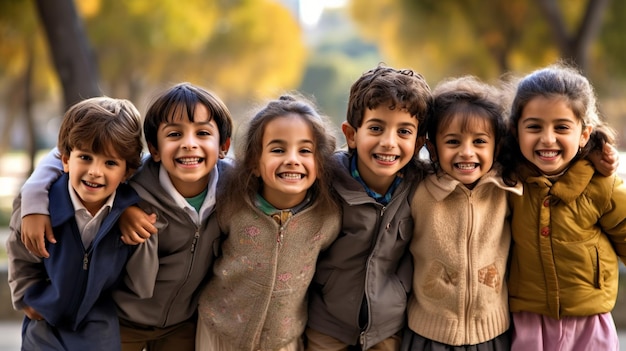 Grupo multiétnico de escolares riendo y jugando en el fondo del parque para el día del niño Generativo ai