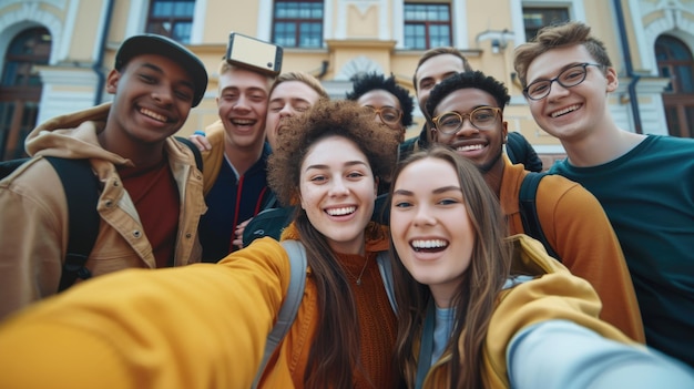 Grupo multiétnico de estudiantes felices divirtiéndose mientras se toman selfies en la universidad de medicina