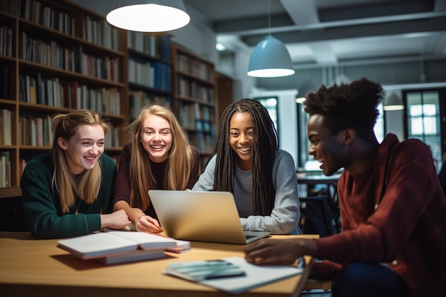 Grupo multiétnico de estudiantes sentados en la mesa de la biblioteca y estudiando juntos