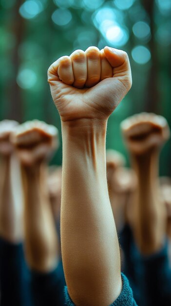 Grupo multiétnico levantando los puños en unidad y empoderamiento