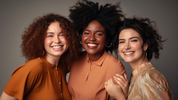 Grupo multiétnico de mujeres con diferentes tipos de piel juntas contra un fondo beige