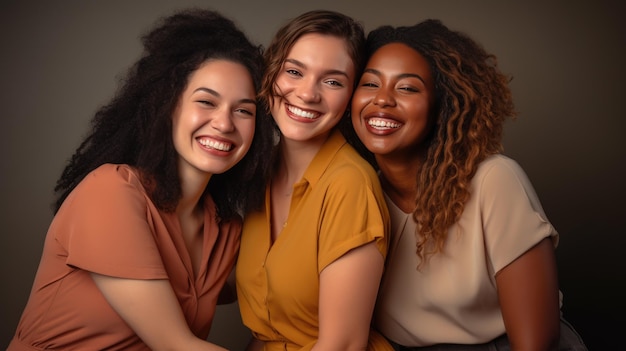 Grupo multiétnico de mujeres con diferentes tipos de piel juntas contra un fondo beige