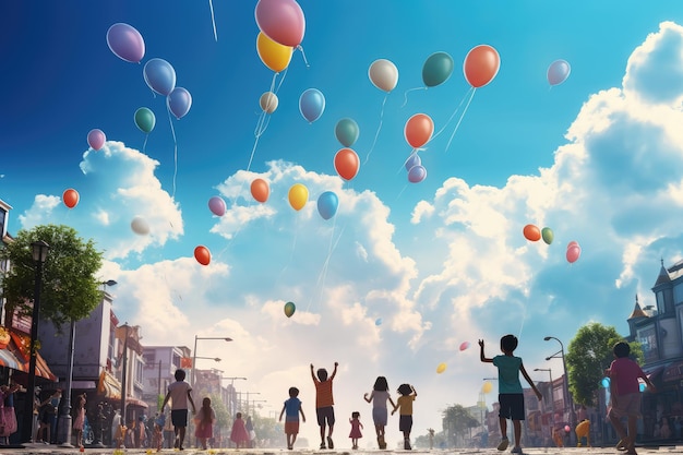 Grupo multiétnico de niños jugando con globos en un día soleado Concepto de libertad y felicidad