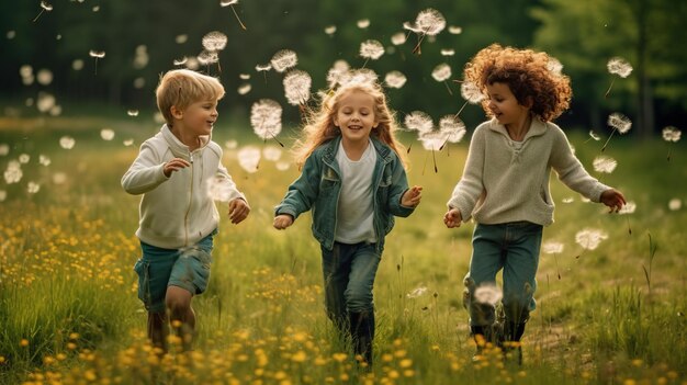 Foto grupo multiétnico de pequeños amigos con grandes sonrisas en sus rostros disfrutando de un cálido día soleado mientras