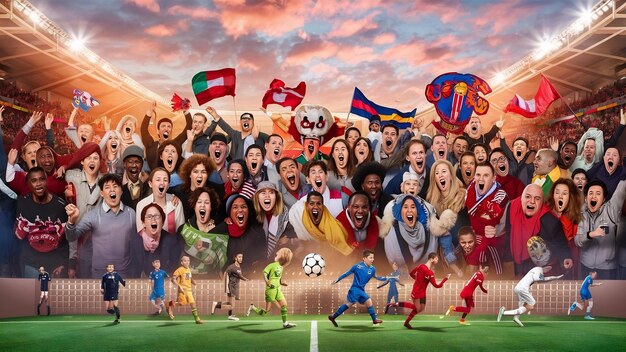 Grupo multiétnico de personas animando un partido de fútbol