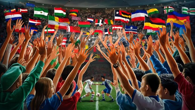 Grupo multiétnico de personas animando un partido de fútbol