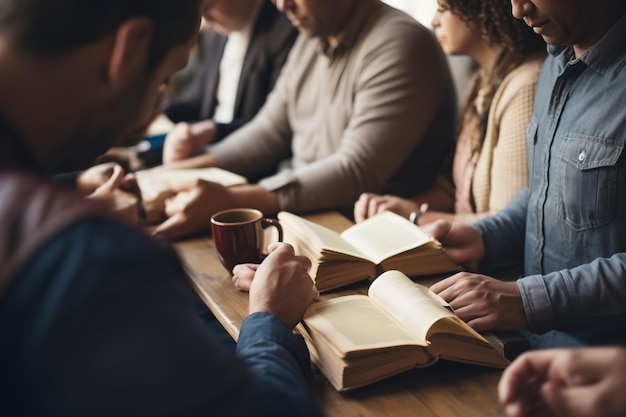 Grupo multiétnico de personas leyendo libros y tomando café.