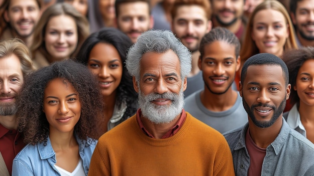 Grupo multigeneracional de personas que abrazan la diversidad con sonrisas