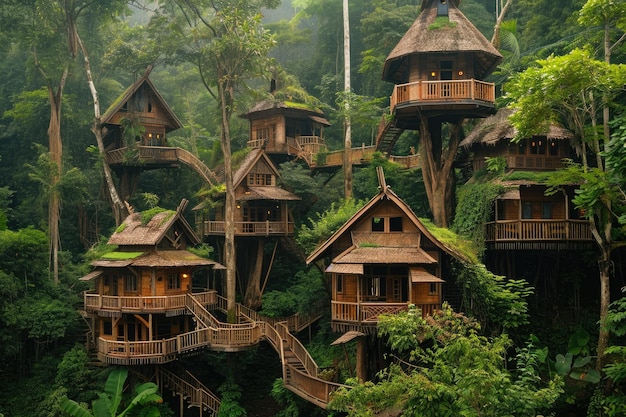 Un grupo de múltiples casas ubicadas dentro de un denso bosque que muestra la integración de la vivienda humana en un entorno natural Una aldea de casas en los árboles ubicada en una selva tropical generada por IA