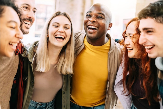 Grupo multirracial de amigos se divertindo juntos na rua da cidade