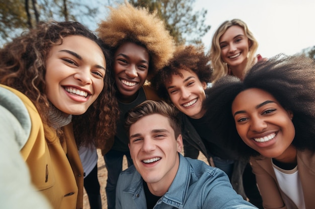 Grupo multirracial de jovens fazendo selfie