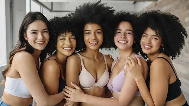 Grupo multirracial de mulheres jovens vestindo sutiãs abraçando-se e sorrindo