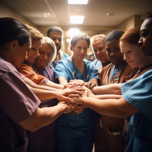 Foto un grupo multirracial de médicos y enfermeras que se unen en solidaridad