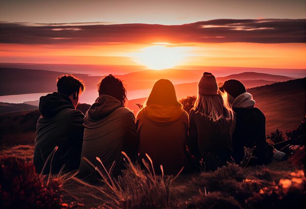 Grupo multirracial de personas al atardecer