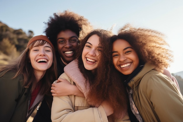 Grupo multirracial de personas que abrazan el aire libre Reunión feliz IA generativa