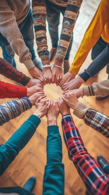 Foto grupo multirracial de personas que se unen en unidad y apoyo