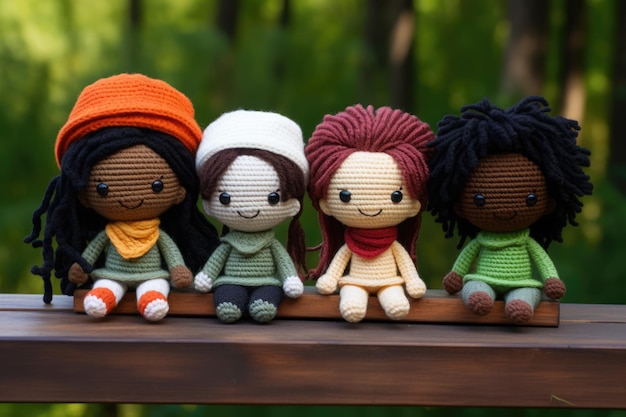 Foto un grupo de muñecas amigurumi muy lindas que representan diferentes etnias sentadas en un banco de madera