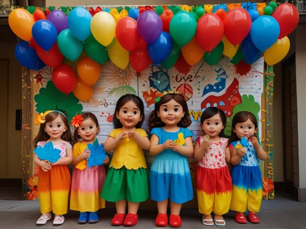 un grupo de muñecas con globos y la palabra amor en la pared detrás de ellos