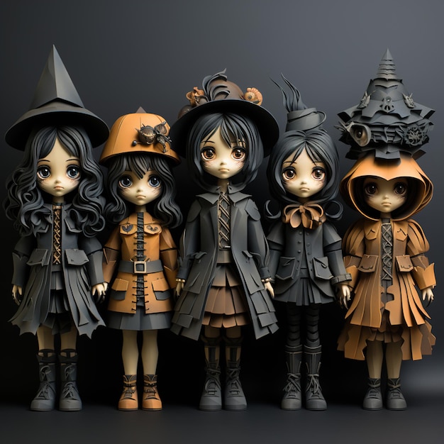 un grupo de muñecas con sombrero de bruja y sombrero de bruja.