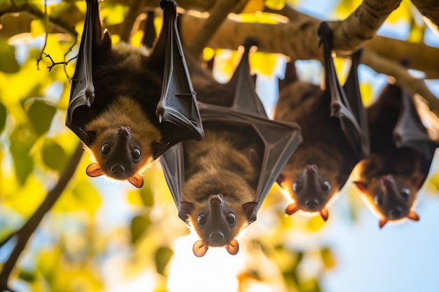 un grupo de murciélagos colgando de un árbol