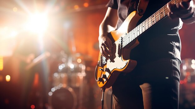 El grupo de música está actuando en un escenario de concierto por la noche