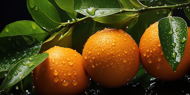 Un grupo de naranjas con gotas de agua en ellas y hojas verdes