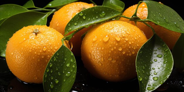 Un grupo de naranjas con hojas y gotas de agua en ellas