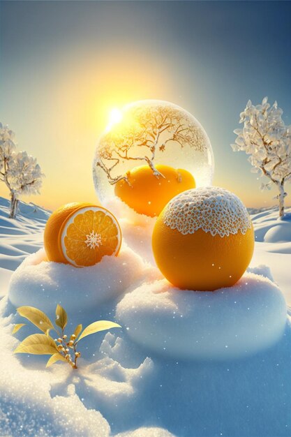 Grupo de naranjas que se sientan encima del ai generativo del suelo cubierto de nieve