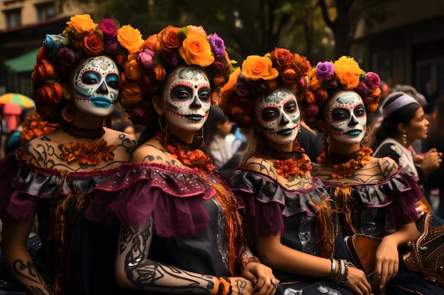 Grupo de Niñas Celebrando el Día de Muertos Festivo en Ropa Tradicional Mexicana