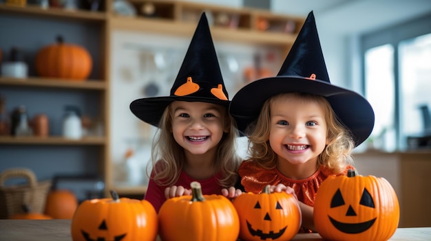 Grupo de niñas disfrazadas de brujas para Halloween con linterna de calabaza en casa