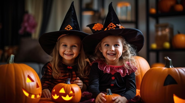 Grupo de niñas disfrazadas de brujas para Halloween con linterna de calabaza en casa