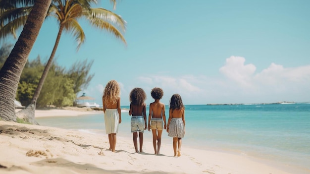 un grupo de niñas en una playa con palmeras en el fondo
