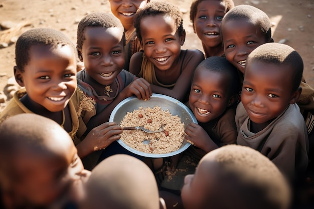Un grupo de niños africanos comen comida escasa con sus manos de un gran plato de metal
