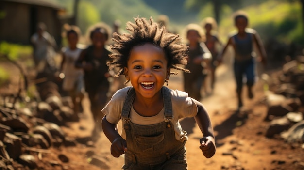 Grupo de niños africanos corriendo al aire libre a la luz del sol expresando alegría y libertad