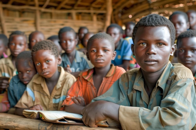 Grupo de niños africanos sentados juntos dentro de un aula con la atención puesta en un niño sosteniendo un libro